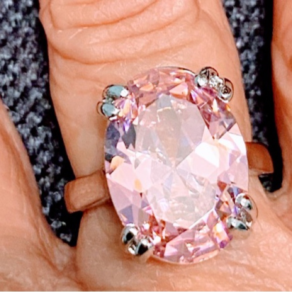 Sterling Silver Plated Ring with Large Pink Oval Synthetic Cubic Zirconia